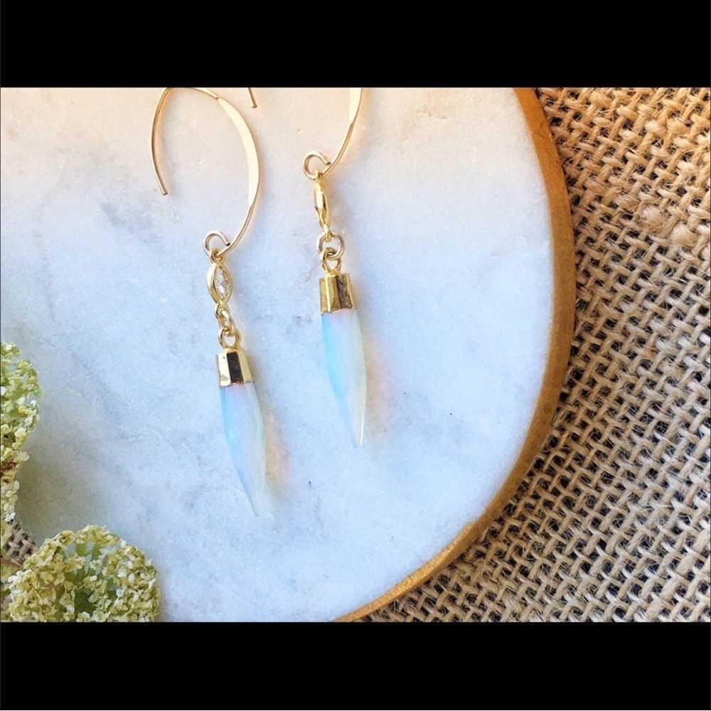 Gold long drop women’s statement earrings with opalite dagger charms